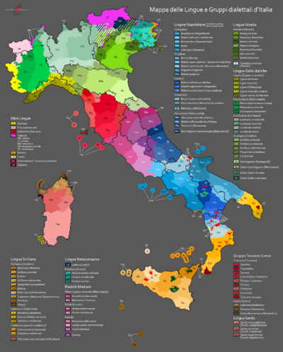 Le varietà diatopiche nell'insegnamento dell'italiano L2. Mappa delle lingue e dei gruppi dialettali d'Italia (Antonio Ciccolella). Clicca per ingrandire.