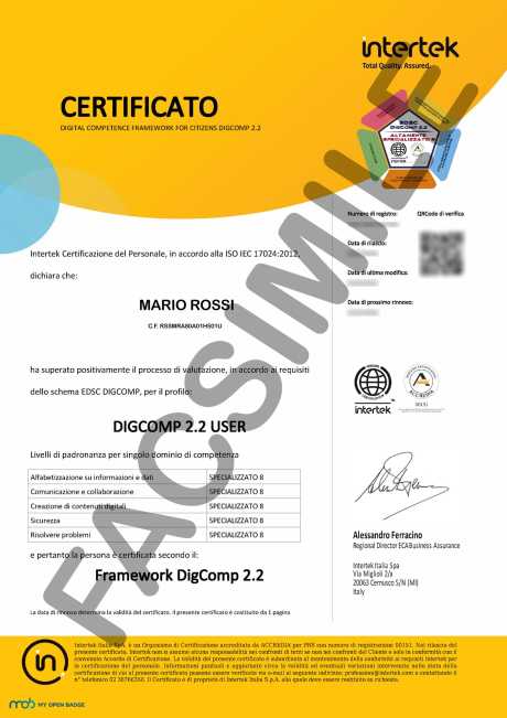 Facsimile certificazione DigComp 2.2