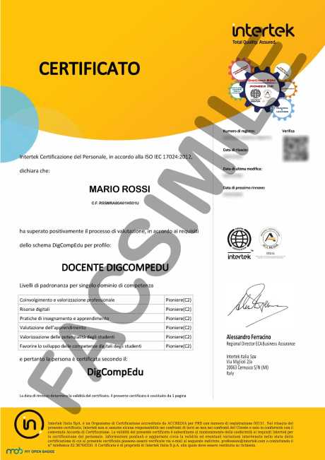 Facsimile certificazione DigCompEdu