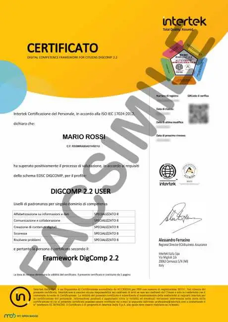Facsimile certificazione DigComp 2.2 Facsimile certificazione DigComp 2.2