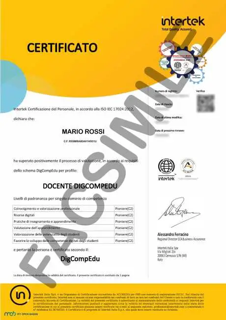 Facsimile certificazione DigCompEdu Facsimile certificazione DigCompEdu